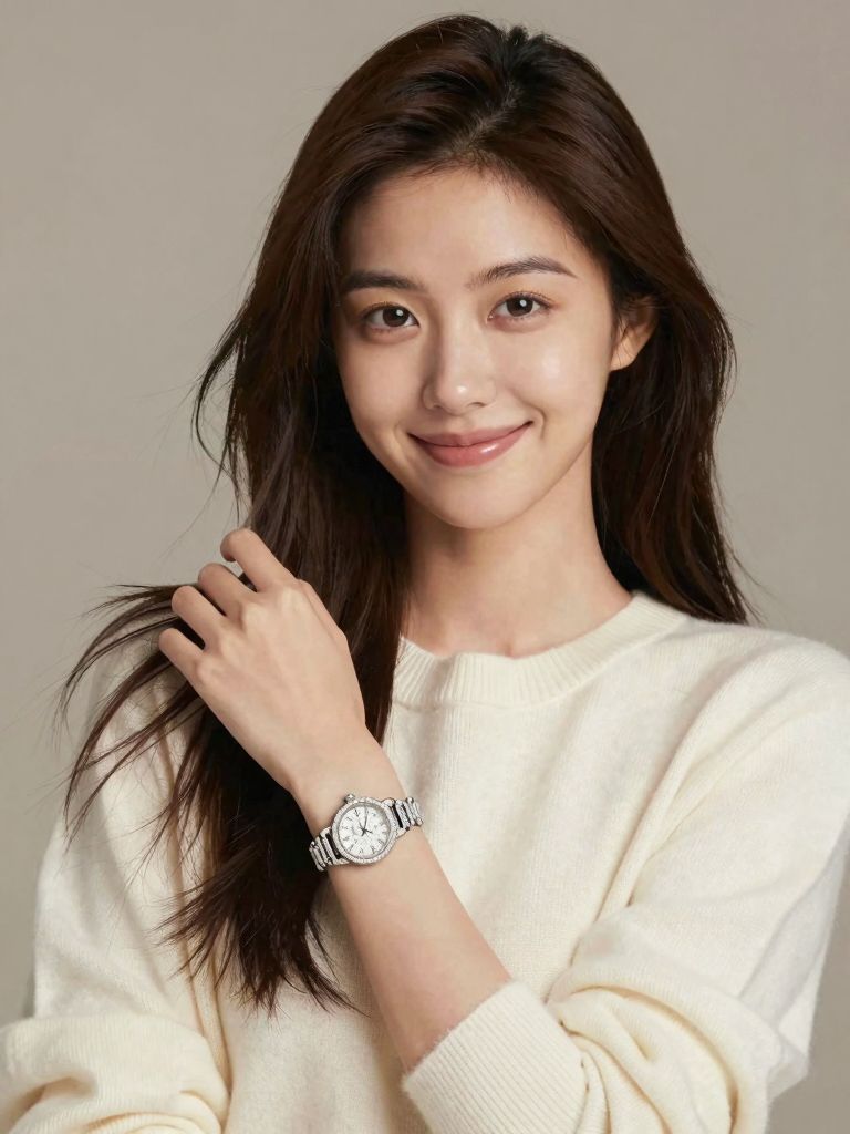 Soft smile framed by loose hair and a cream sweater