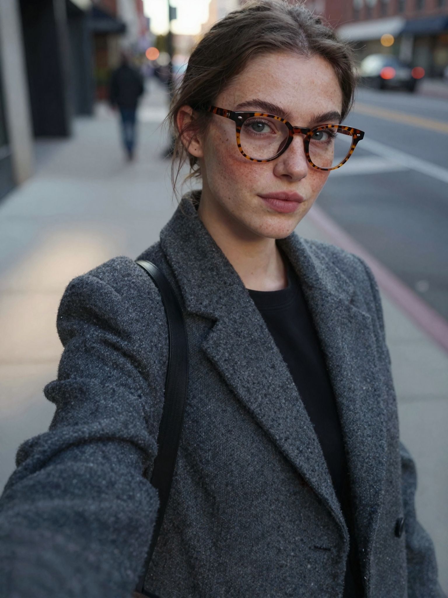 Candid street portrait with tortoiseshell glasses and wool coat