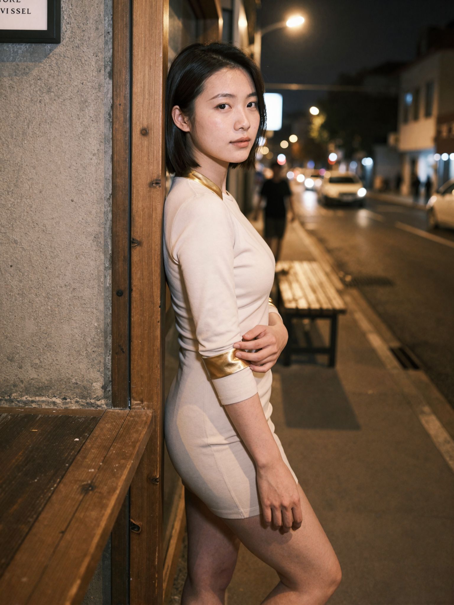 Quiet side glance under warm streetlights by the doorway