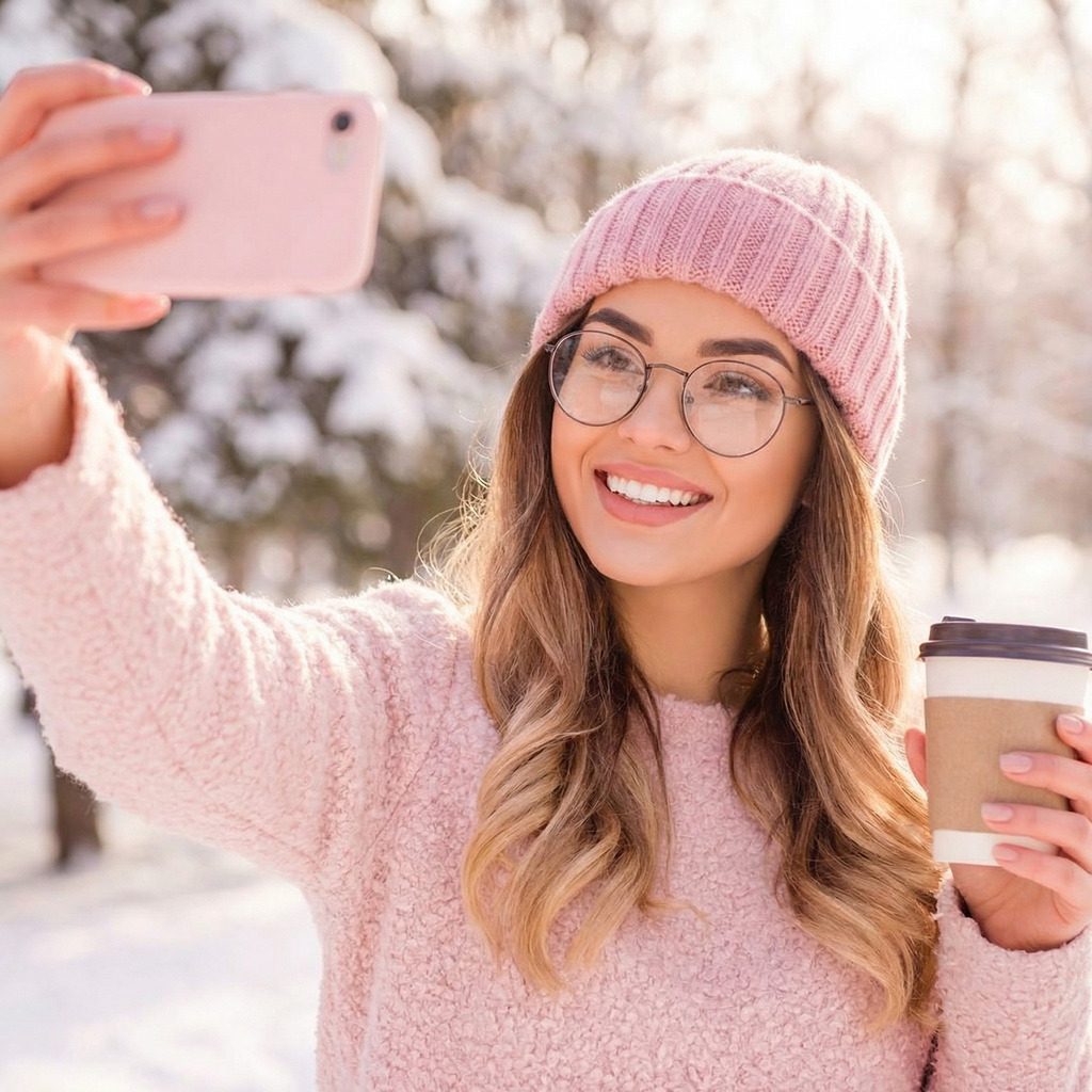 Smiling Winter Selfie With Pink Beanie And Coffee Cup