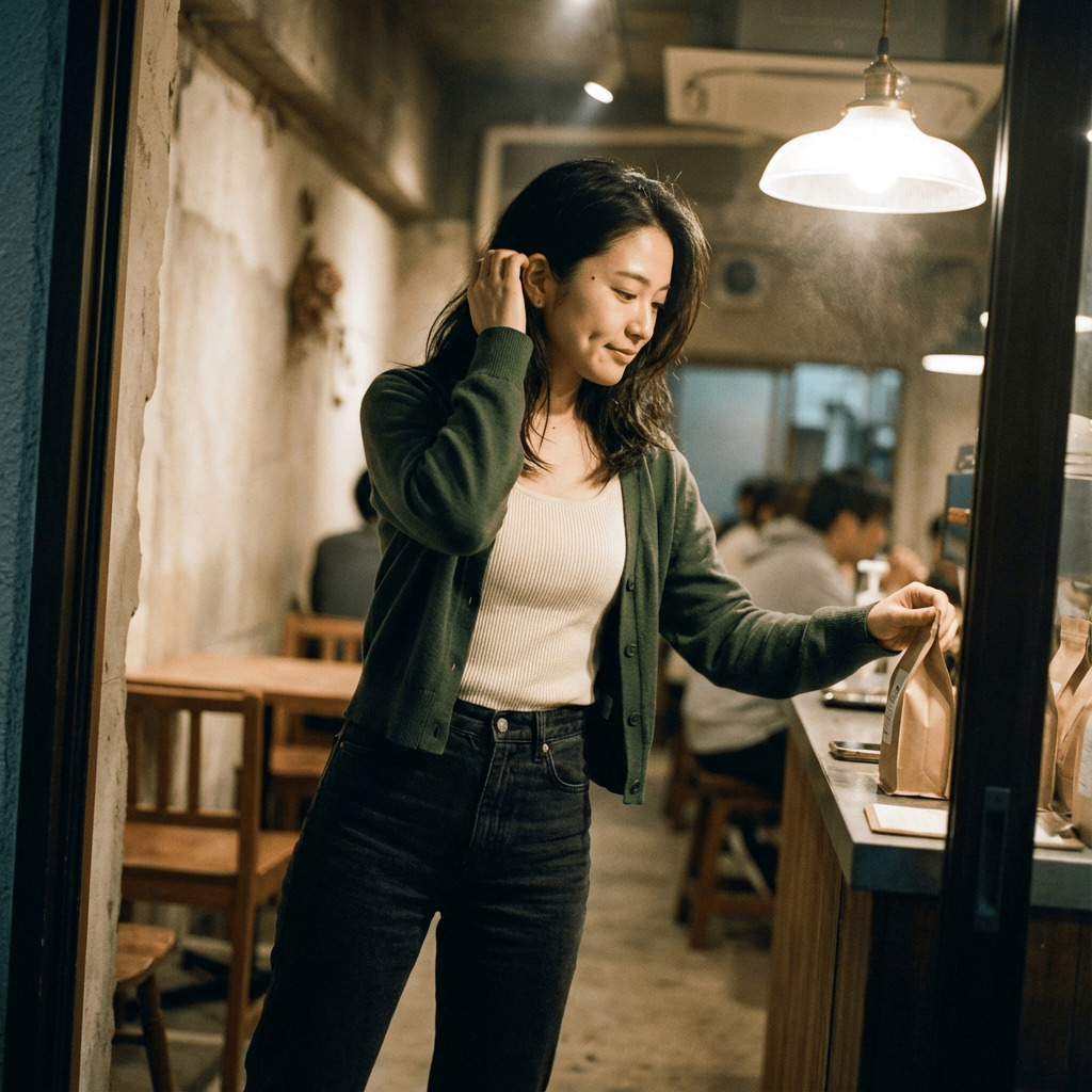 Warm pendant light portrait by the café counter