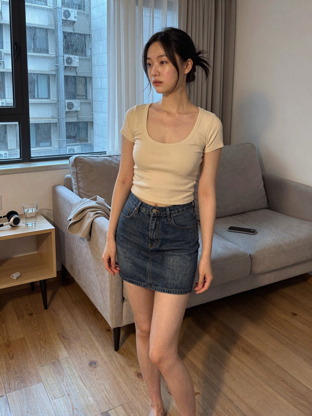 Quiet East Asian Woman in Soft Side Light, Casual Home Style