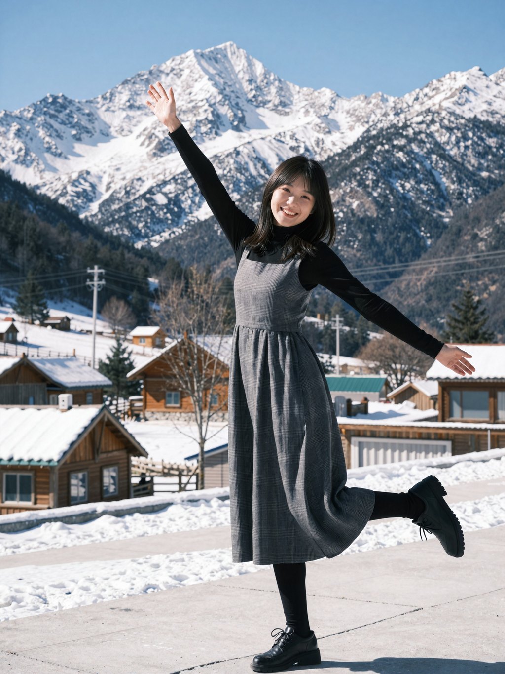 Bright smile with arms wide beneath snowy mountain peaks