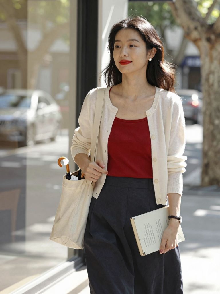 Soft light by the window, red lip, quiet confidence