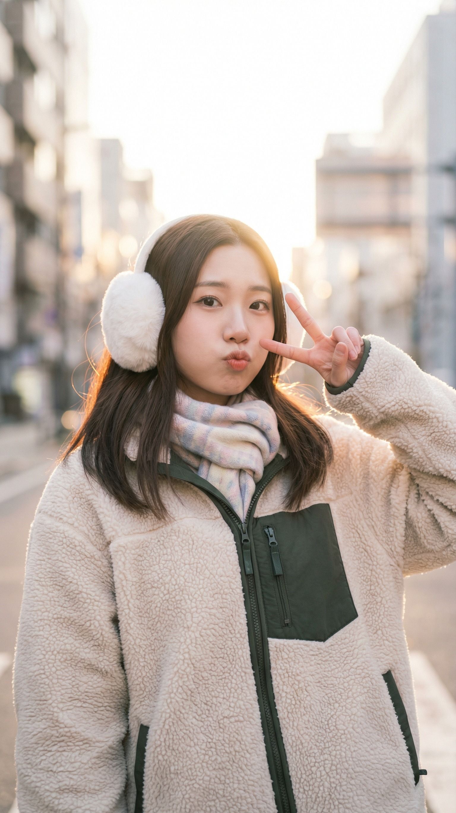 Backlit Street Portrait With Earmuffs and a Peace Sign