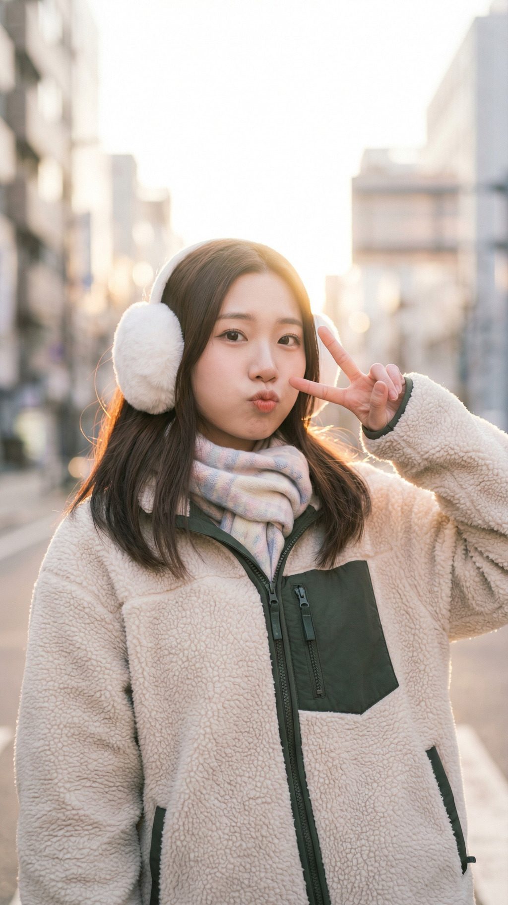 Backlit Street Portrait With Earmuffs and a Peace Sign