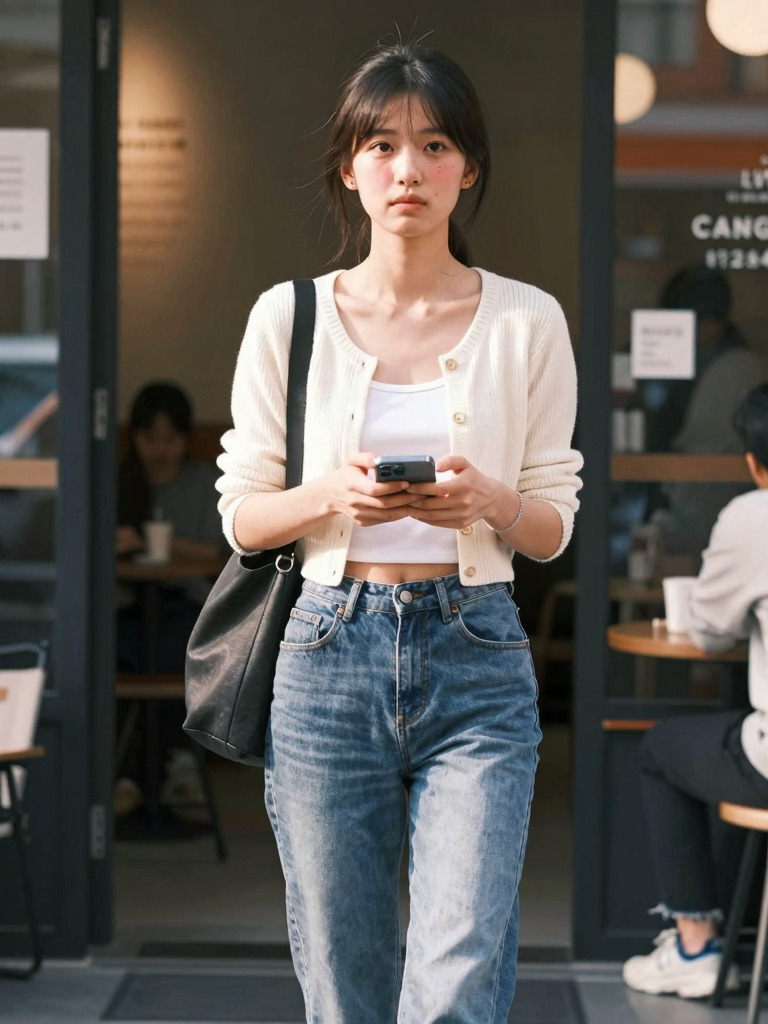 Soft daylight pause with a phone held at chest level