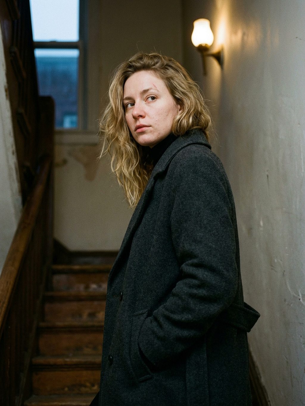 Side-glance portrait on a stairwell landing in warm light