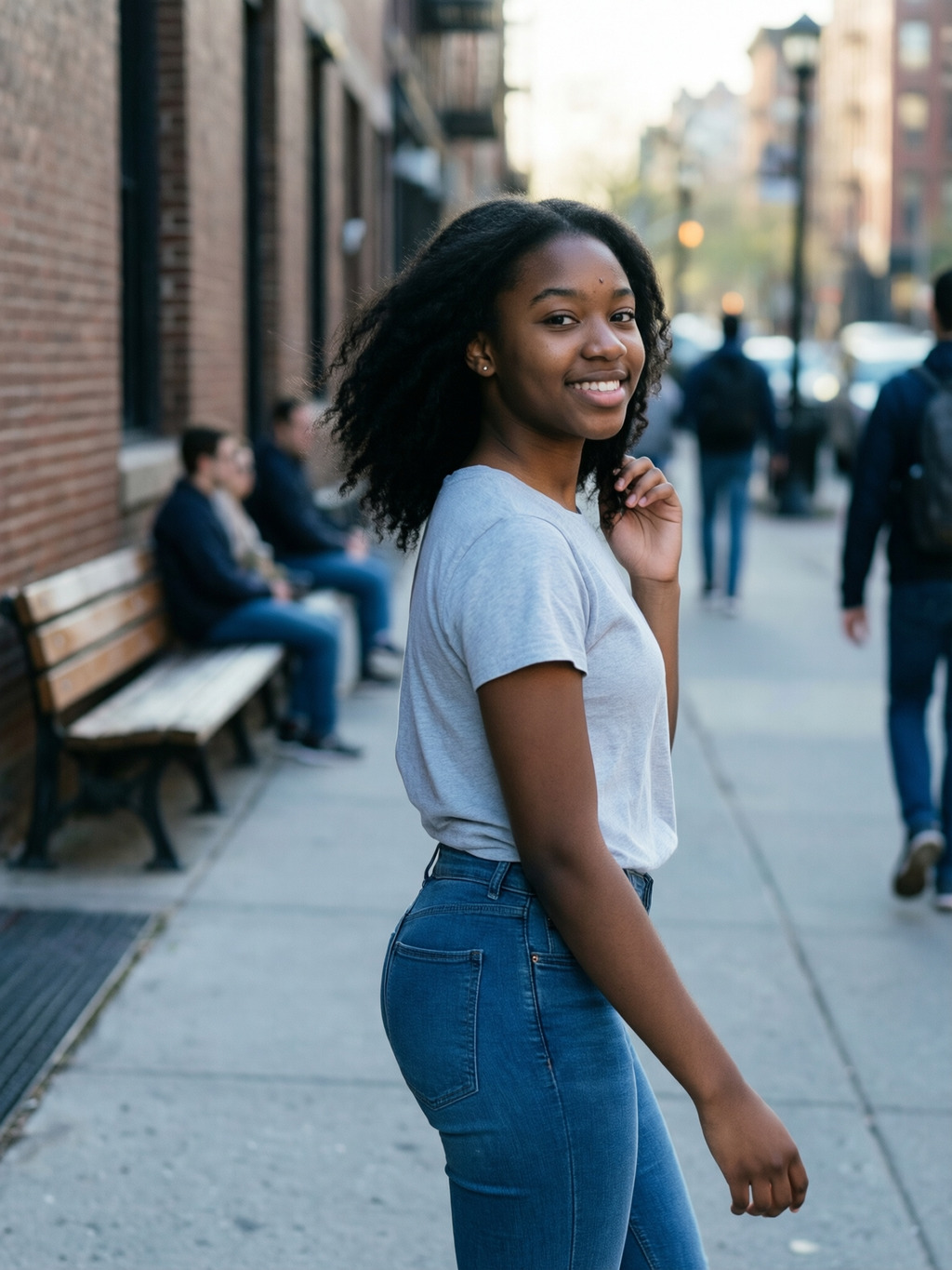 A warm glance back on a bright city sidewalk