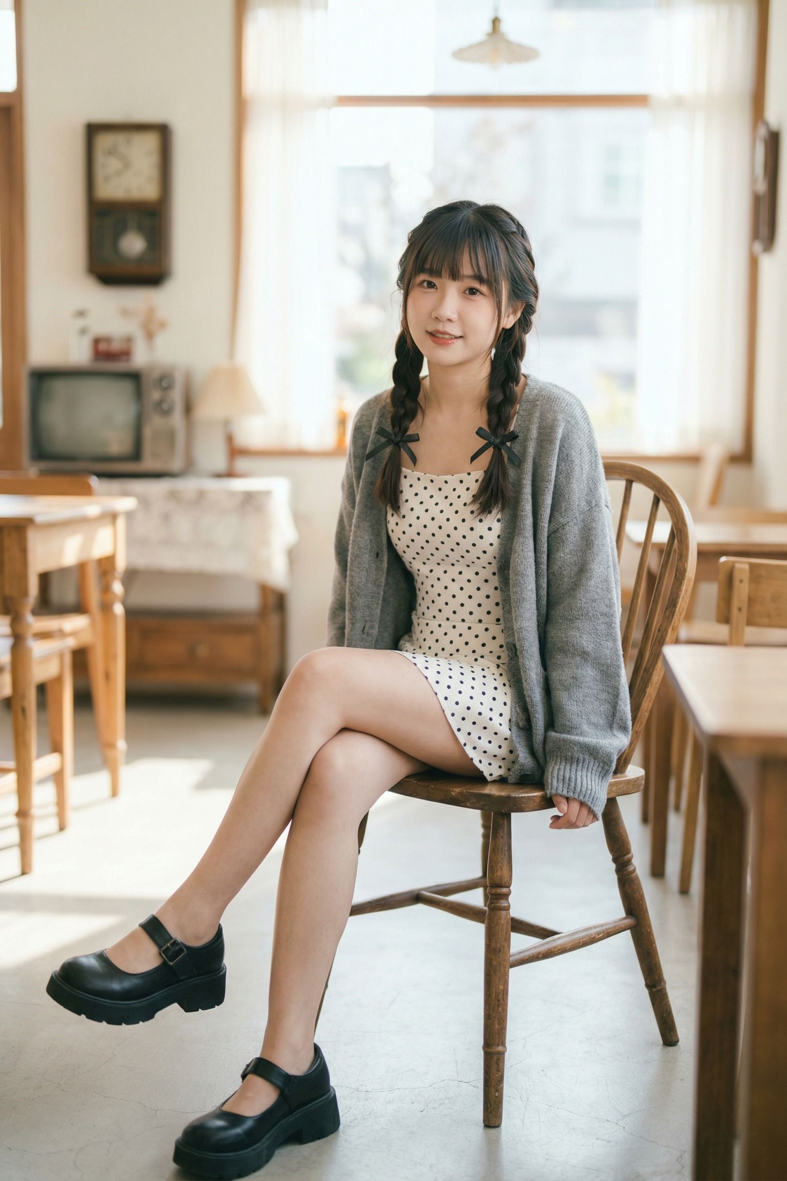Soft Window-Light Portrait With Braids And Polka Dots
