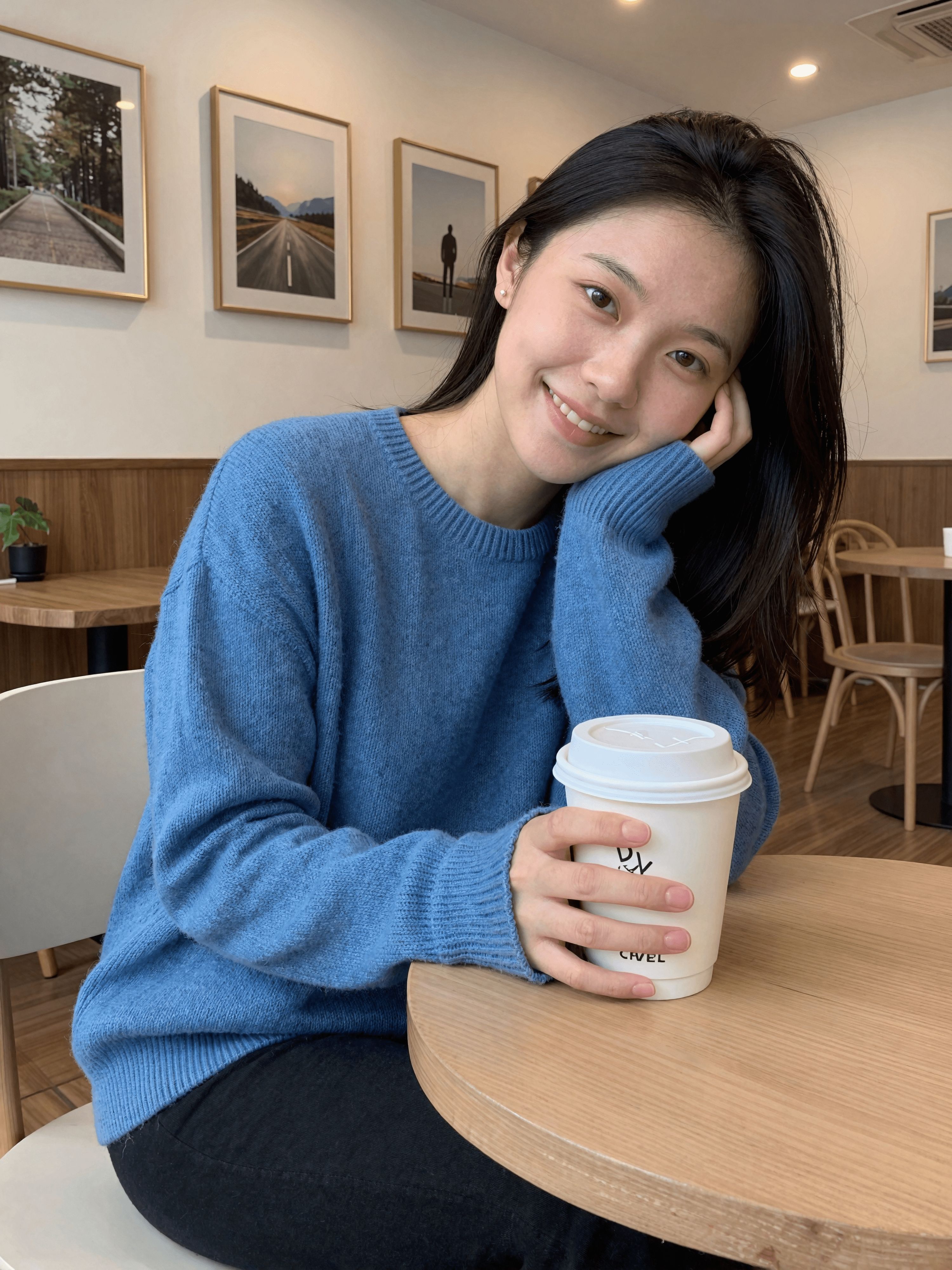 Soft café portrait with blue sweater and takeaway cup