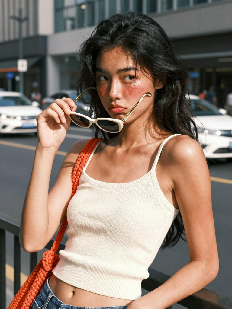 Sunlit street portrait with sunglasses and a quiet gaze