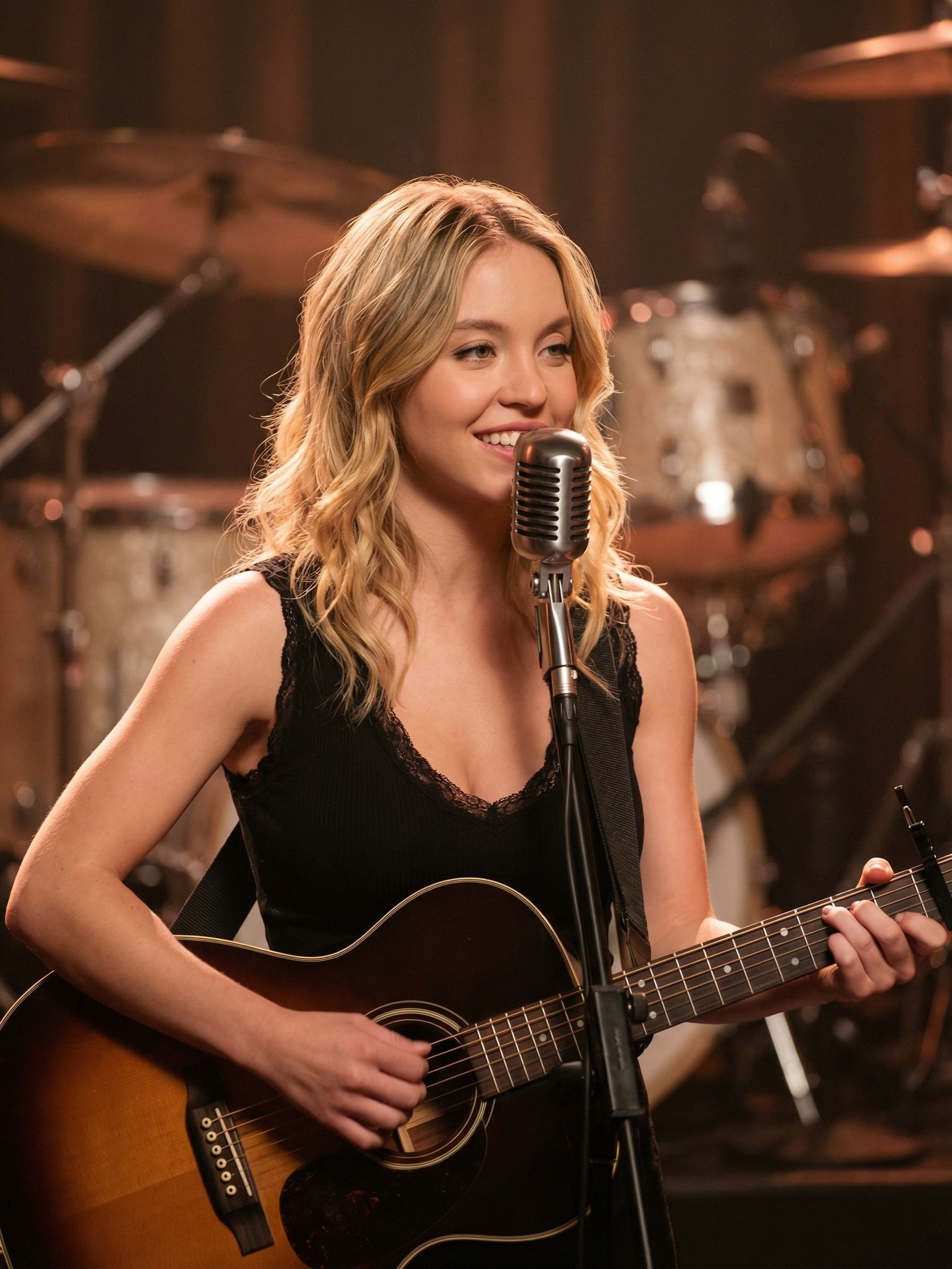 Smiling Woman Singer Portrait With Vintage Microphone and Guitar